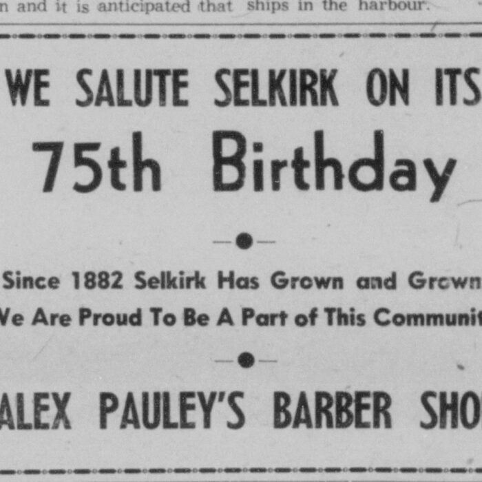 Alex Pauley's Barber Shop Celebrates Selkirk's 75th Anniversary, 1957, Selkirk Enterprise Alex Pauley's Barber Shop Celebrates Selkirk's 75th Anniversary
