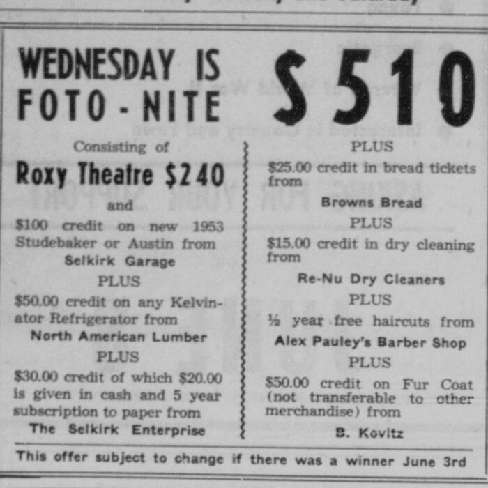 Alex Pauley's Barber Shop Offered Free Services as Prizes for Roxy Foto-Nites, 1953, Selkirk Enterprise Alex Pauley's Barber Shop Offered Free Services as Prizes for Roxy Foto-Nites