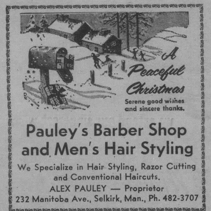 Christmas Greeting from Alex Pauley's Barber Shop, 1973, Selkirk Enterprise Christmas Greeting from Alex Pauley's Barber Shop