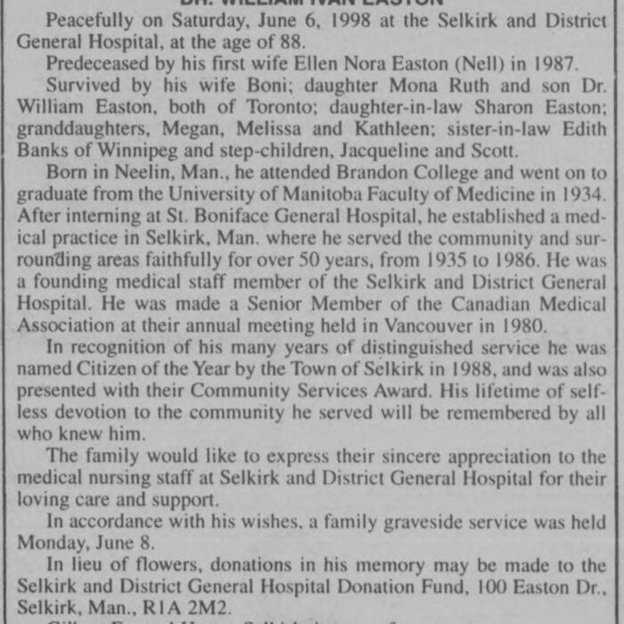 Dr. William Ivan Easton, 1998, Selkirk Journal Dr. William Ivan Easton