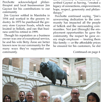 Jim Gaynor Acknowledged for Contributions to Selkirk at Legislature, 2024, Selkirk Recor