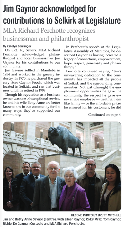 Jim Gaynor Acknowledged for Contributions to Selkirk at Legislature, 2024, Selkirk Recor