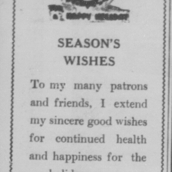 Season's Wishes from Pauley's Barber Shop, 1948, Selkirk Enterprise Season's Wishes from Pauley's Barber Shop