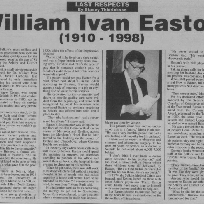 William Ivan Easton, 1998, Selkirk Journal William Ivan Easton