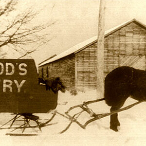 A.G. McLeod Bakery Delivery Sleigh, c.1900, Ross McLeod-Red River Ancestry Sepia-coloured photo of a building with a horse in the front. The horse is hitched up to a covered wagon which reads McLeod's Bakery