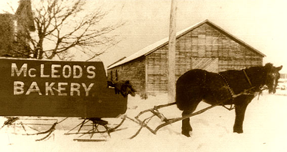 Sepia-coloured photo of a building with a horse in the front. The horse is hitched up to a covered wagon which reads McLeod's Bakery