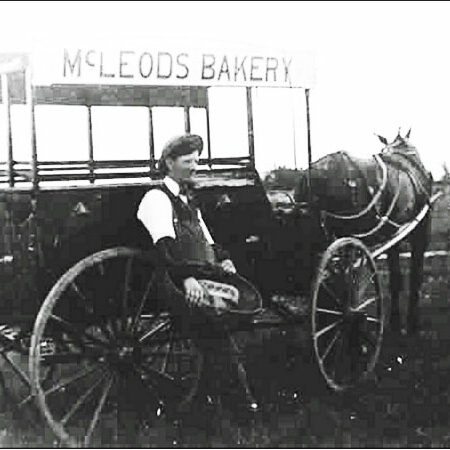 A.G. McLeod Bakery Delivery Wagon, c. 1910, Ross McLeod- Red RIver Ancestry Black and white photo of McLeod's Bakery delivery wagon and horse