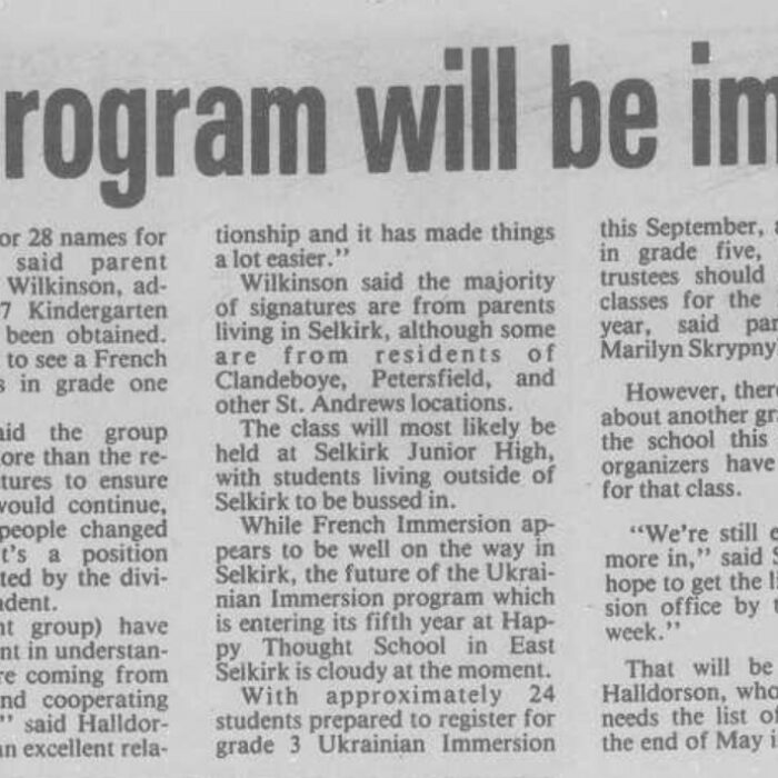 French Immersion will be Implemented, 1987, Selkirk Journal French Immersion will be Implemented
