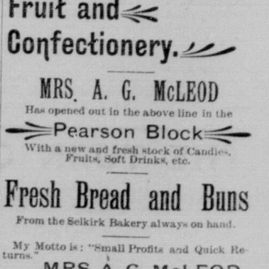 Fruit and Confectionery Mrs A.G. McLeod, 1899, Selkirk Record and Canadian Fishing Gazette Fruit and Confectionery Mrs. A.G. McLeod