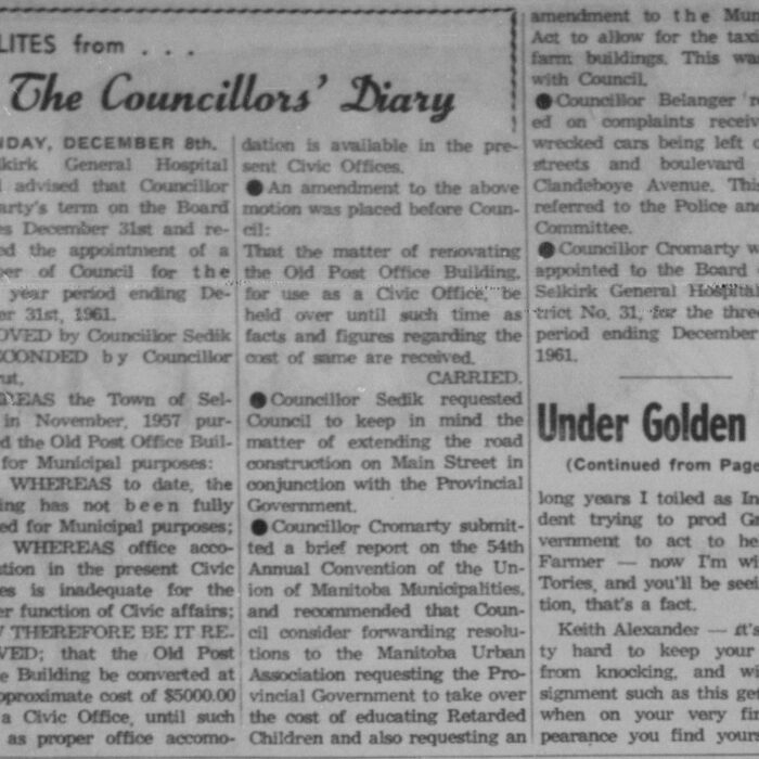 Hi-Lites from the Councillors' Diary, 1958, Selkirk Enterprise Hi-Lites from the Councillors' Diary