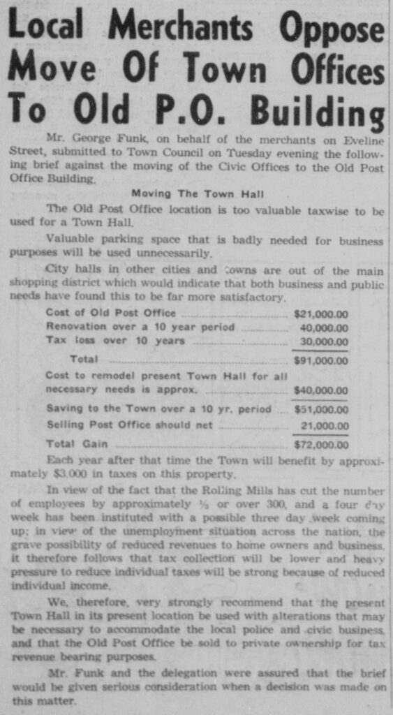 Local Merchants Oppose Move of Town Offices to Old P.O. Building