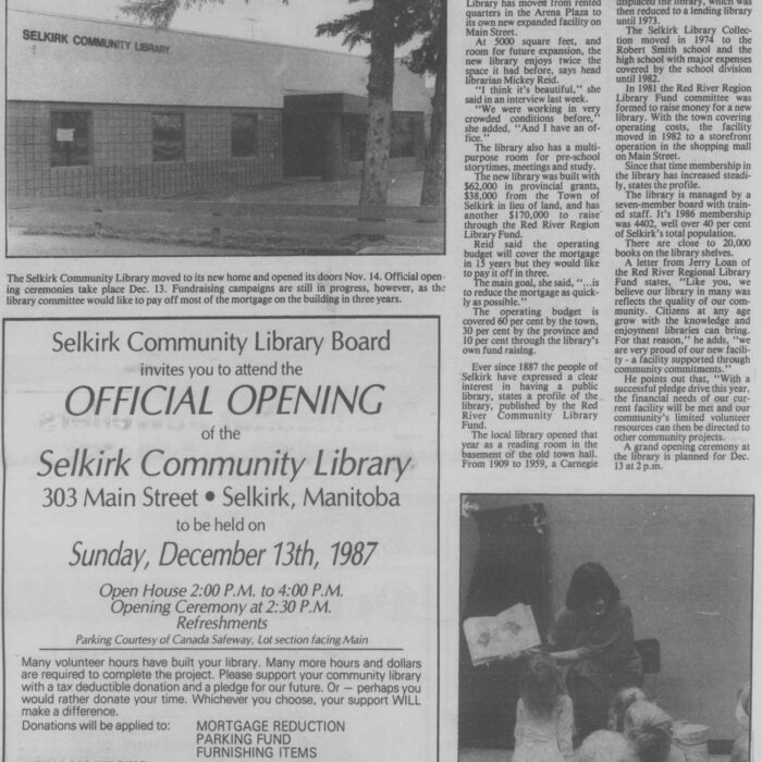 New Library Opens in Selkirk, 1987, Selkirk Journal New Library Opens in Selkirk