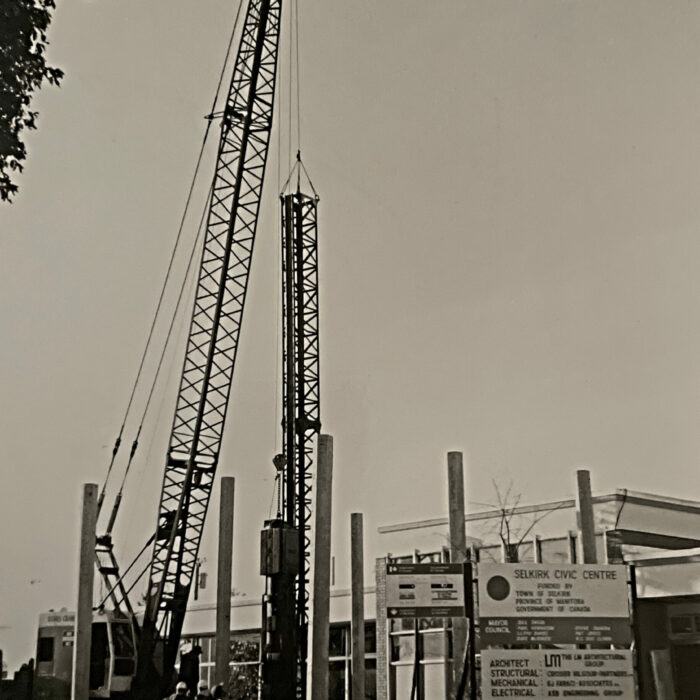 New Addition to Civic Office, 1983, Selkirk Enterprise Black and white photo of the construction of Civic Office. A large crane is on the left side of the photo
