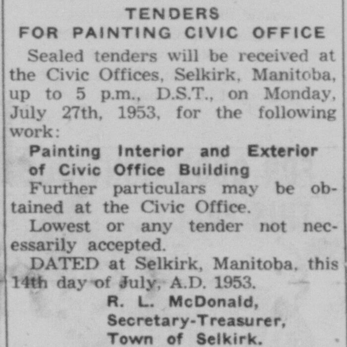 Town of Selkirk Tenders for Painting Civic Office, 1953, Selkirk Enterprise Town of Selkirk Tenders for Painting Civic Office