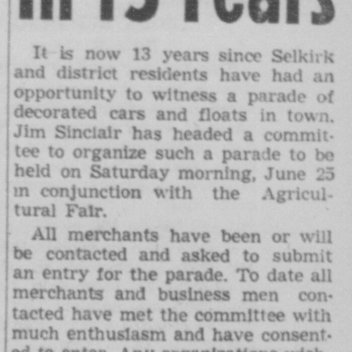 Annual Fair Parade Returns to Selkirk, 1949, Selkirk Enterprise Annual Fair Parade Returns to Selkirk