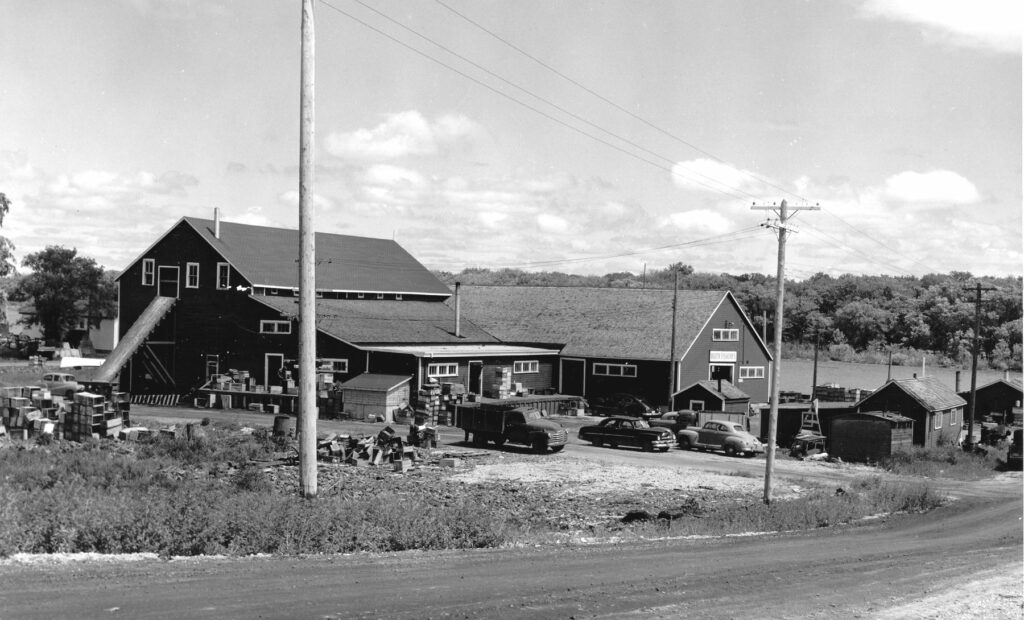 Black and white photo of a series of buildings along the river