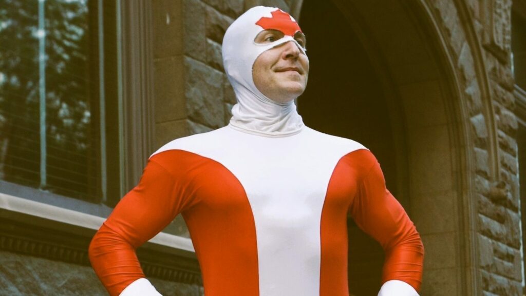 Colour photo of a man wearing the Captain Canuck costume