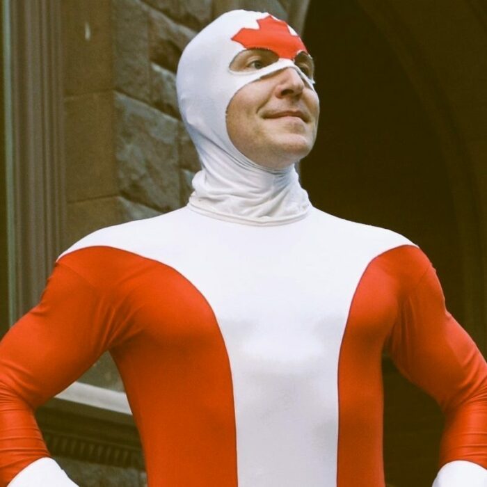 Colour photo of a man wearing the Captain Canuck costume