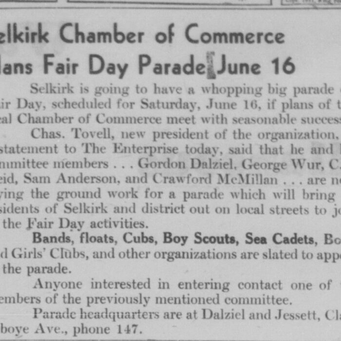 Fair Day Parade Announcement, 1951, Selkirk Enterprise Fair Day Parade Announcement