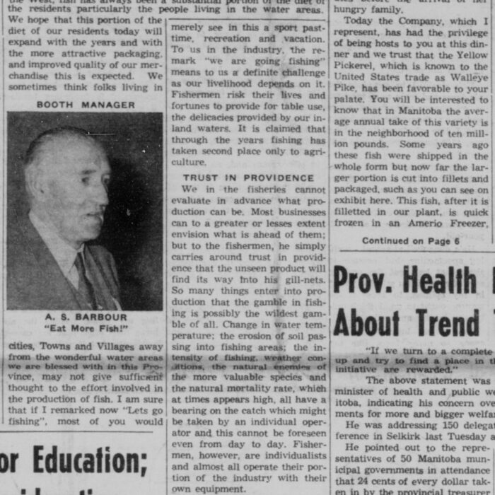 Fisheries Big Business in Manitoba Booth Manager Tells M.U.A. Delegates, 1956, Selkirk Enterprise Fisheries Big Business in Manitoba Booth Manager Tells M.U.A. Delegates