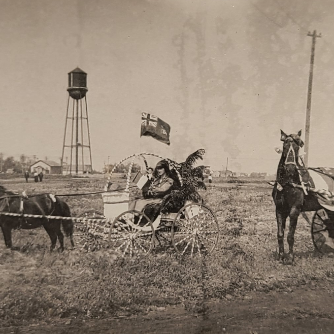 Horse Drawn Parade Carriages, 1919, Selkirk Museum Collection Black and white photo of horse drawn parade floats