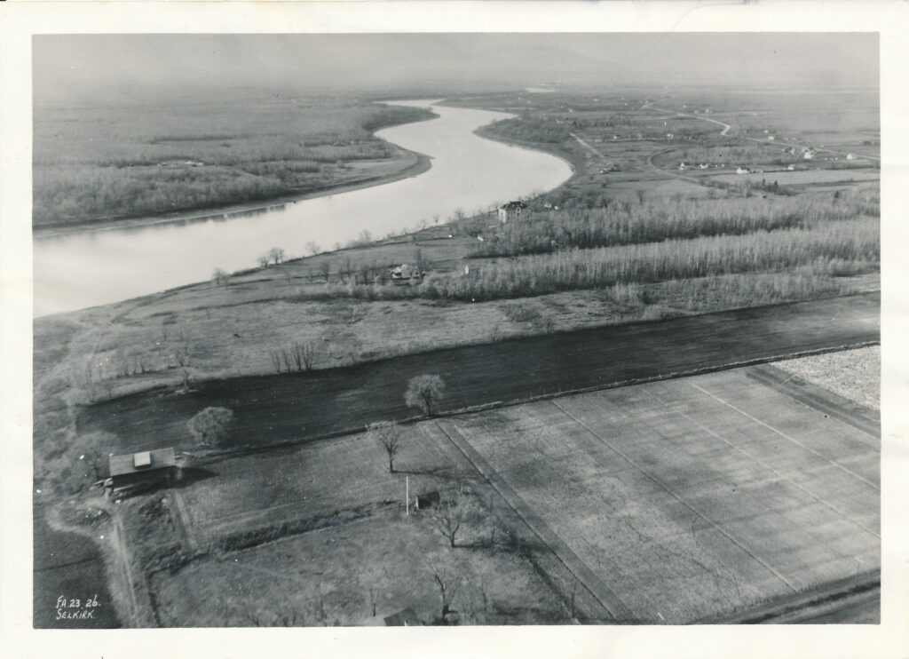 Black and white photo of the river from an aerial perspective