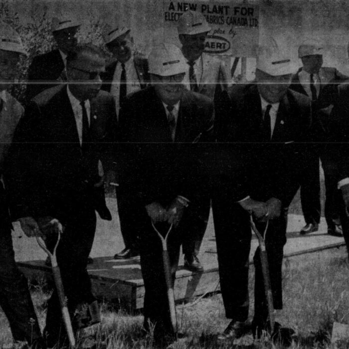 Construction Site for Electro-Knit Plant, 1968, Arborg Lake Centre News Black and white photo of a group of men working on a construction site