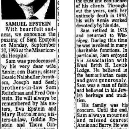 Samuel Epstein, 1993, Winnipeg Free Press Samuel Epstein obituary