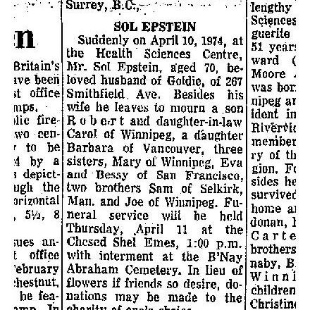 Sol Epstein Obituary, 1974, Winnipeg Free Press Sol Epstein Obituary