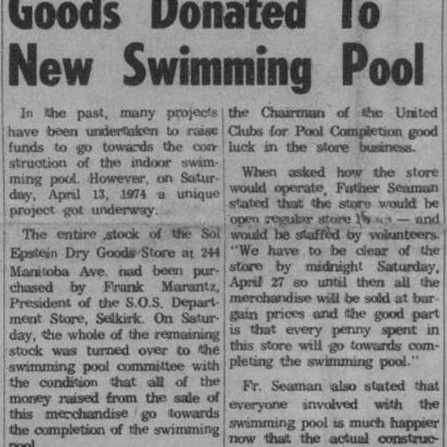 Stock of Sols' Dry Goods Donated to New Swimming Pool, 1974, Selkirk Enterprise Stock of Sols' Dry Goods Donated to New Swimming Pool