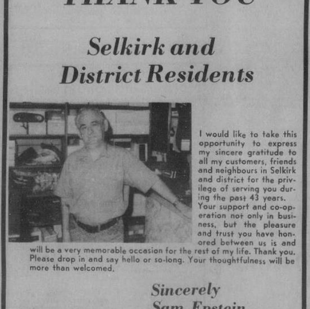 Thank You Selkirk and District Residents, 1975, Selkirk Enterprise Thank You Selkirk and District Residents